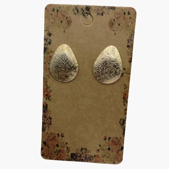 Textured Gold Tone Teardrop Earrings Vintage Style Floral Pattern Pierced Posts - Picture 2 of 10